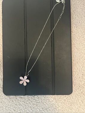 Silver Necklace with Pink Flower Pendant - Women's Jewelry